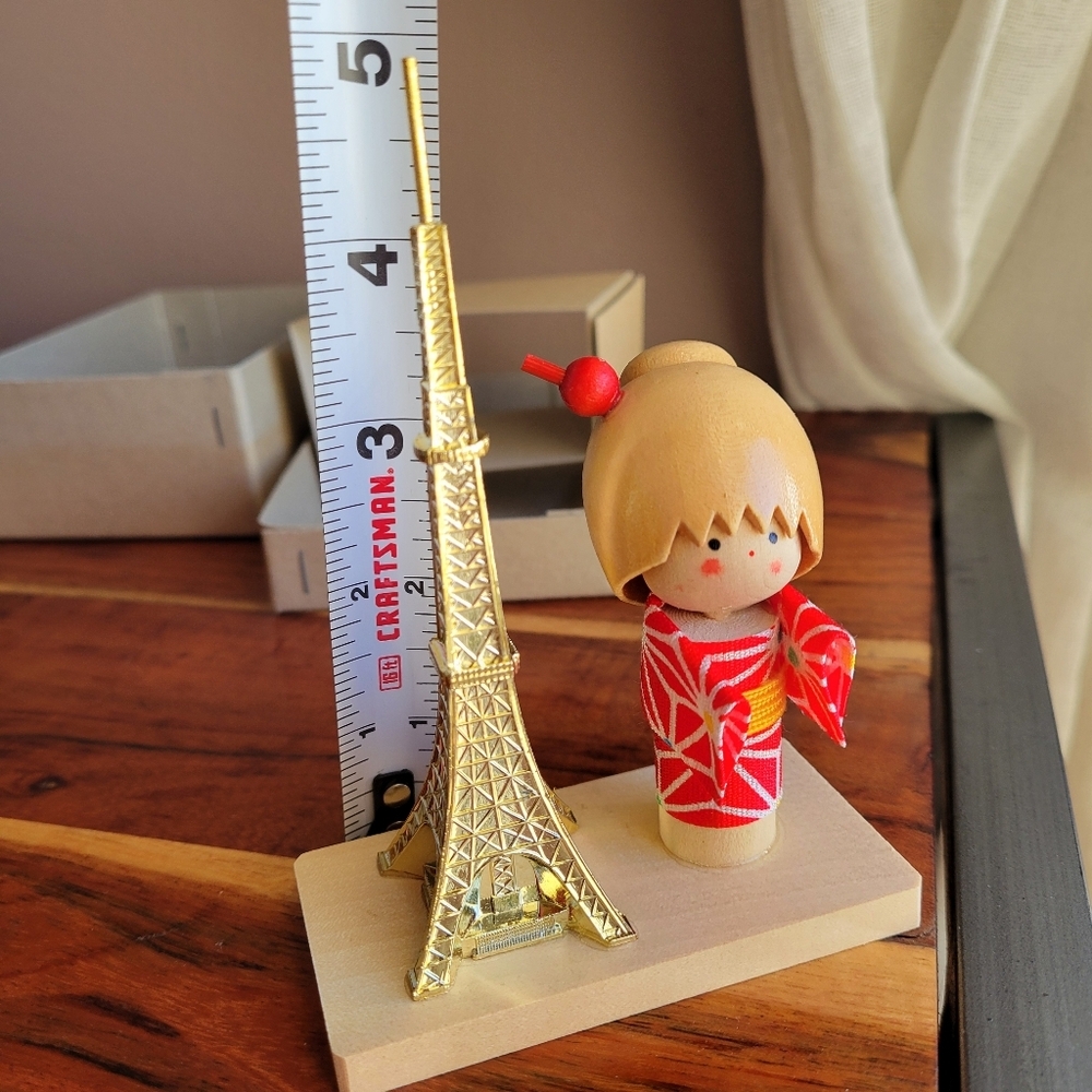 Open Box VTG Japanese kokeshi Doll Paired Miniature Eiffel Tower Wooden Base - Picture 5 of 8